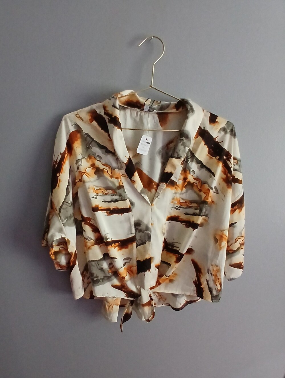 Fashion Nova Cream Blouse with Brown & Gray Abstract Print
